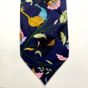 Men’s Tie 100% Silk Navy with Florals and Birds